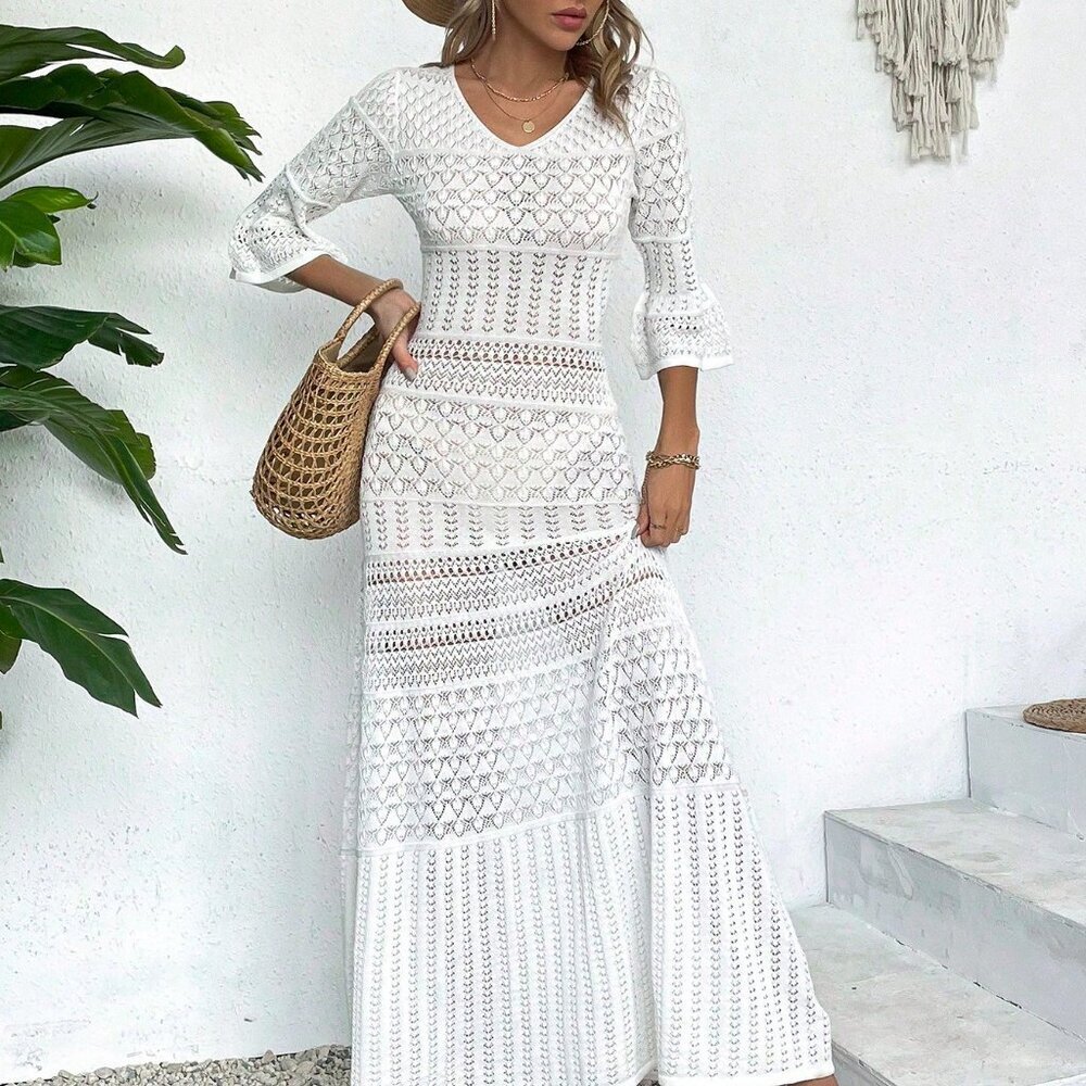 White Elegant Women's Casual V Neck Long Sleeve Knit Dress Beach Vacation - Picture 5 of 8
